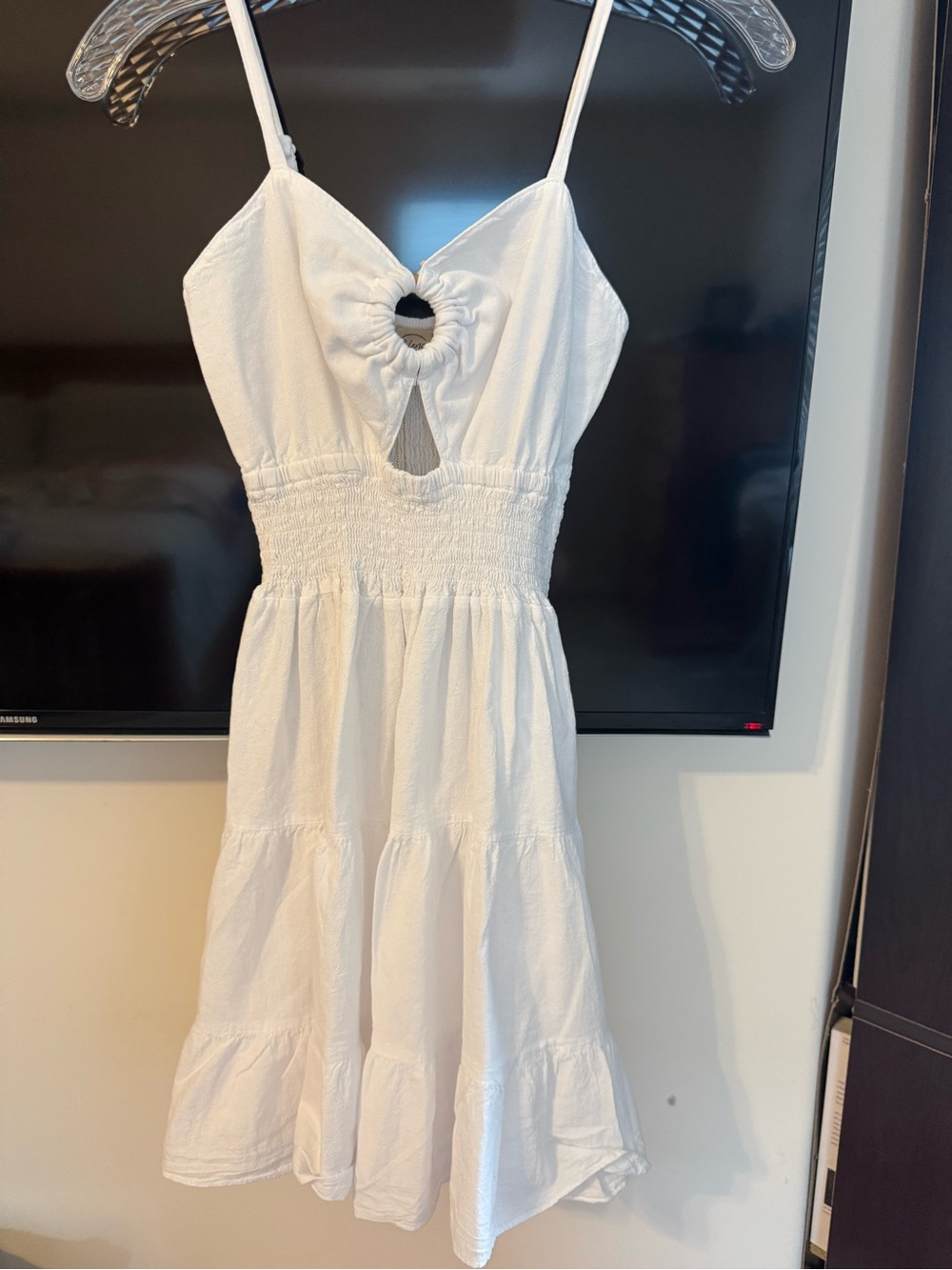White Smocked Mini Dress with Front Ring Cutout